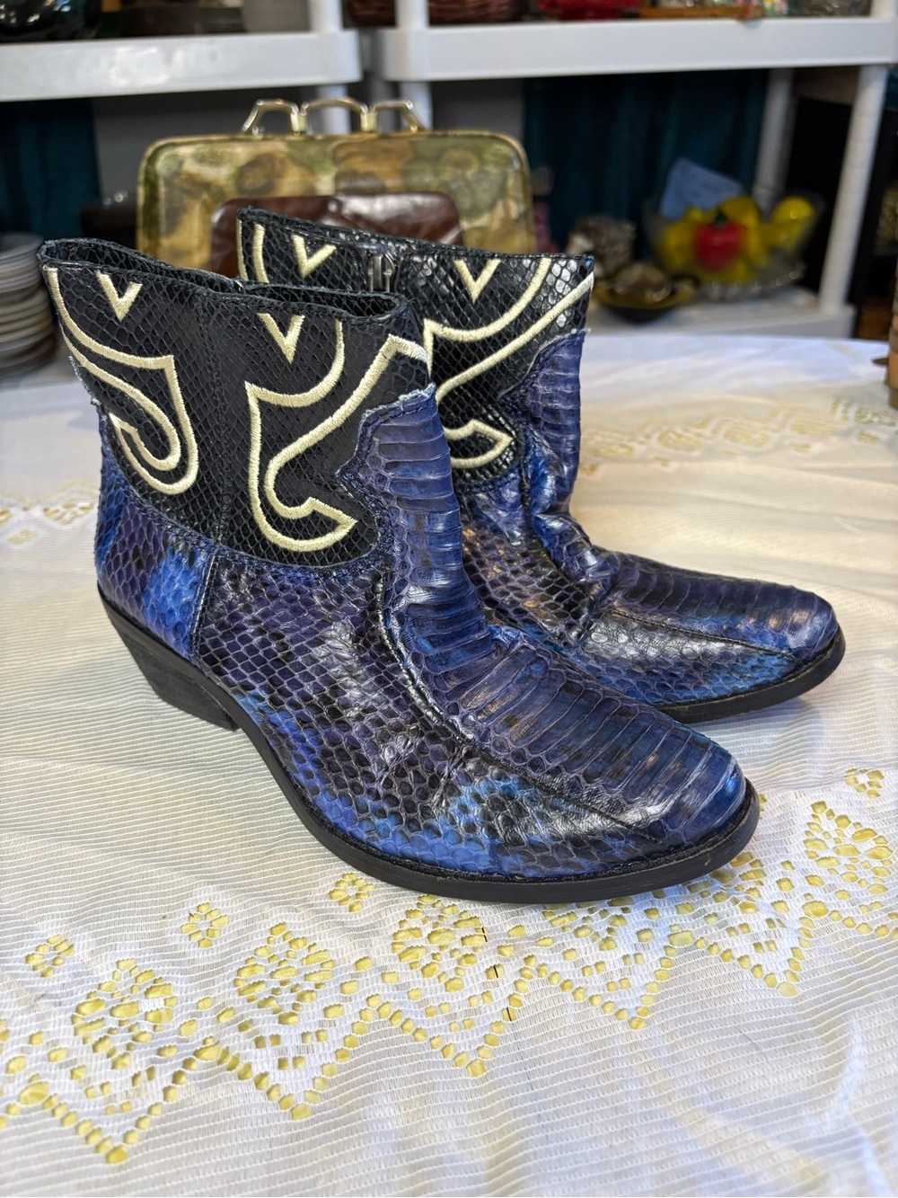 Vince Camuto Blue Black Snake-Embossed Leather Western Booties
